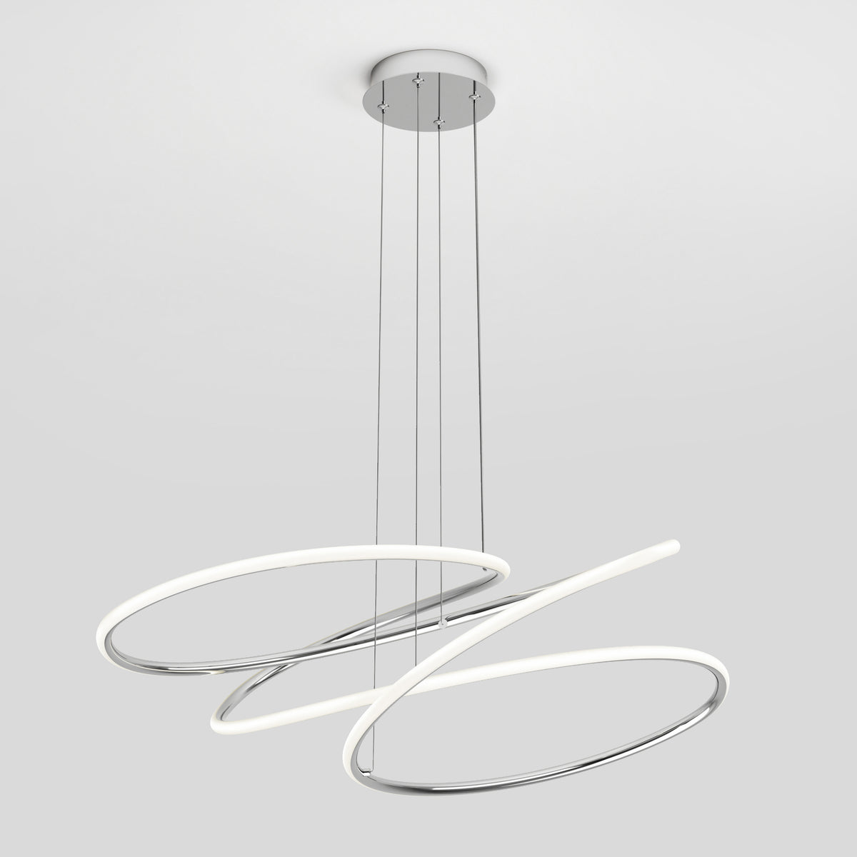 The Artika Swirl Butterfly LED contemporary pendant light features two intertwined oval rings suspended by four thin wires from a round ceiling mount, offering 3 CCT lighting for a modern look.