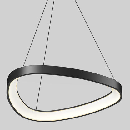 The Artika Bjorn modern LED pendant light 5 CCT features an asymmetrical black oval frame, suspended by three slim cables, set against a plain light gray background.