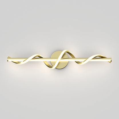The Artika Coda modern LED bathroom vanity light 5 CCT features a circular base and two wavy, intertwined gold and white LED light bars mounted horizontally against a plain light gray background.