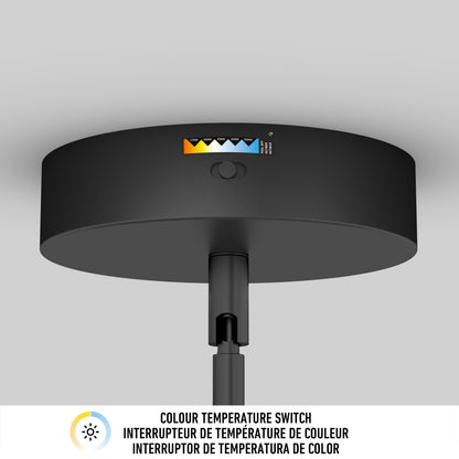 The Silvio LED pendant light by Artika features a color temperature switch with multiple icons and colors. Below, "Colour Temperature Switch" appears in English, French, and Spanish.