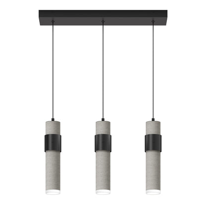 The Artika Barden 3-light LED pendant features cylindrical gray shades with black metal accents, suspended in a row by black cords from a rectangular black ceiling mount against a white background.