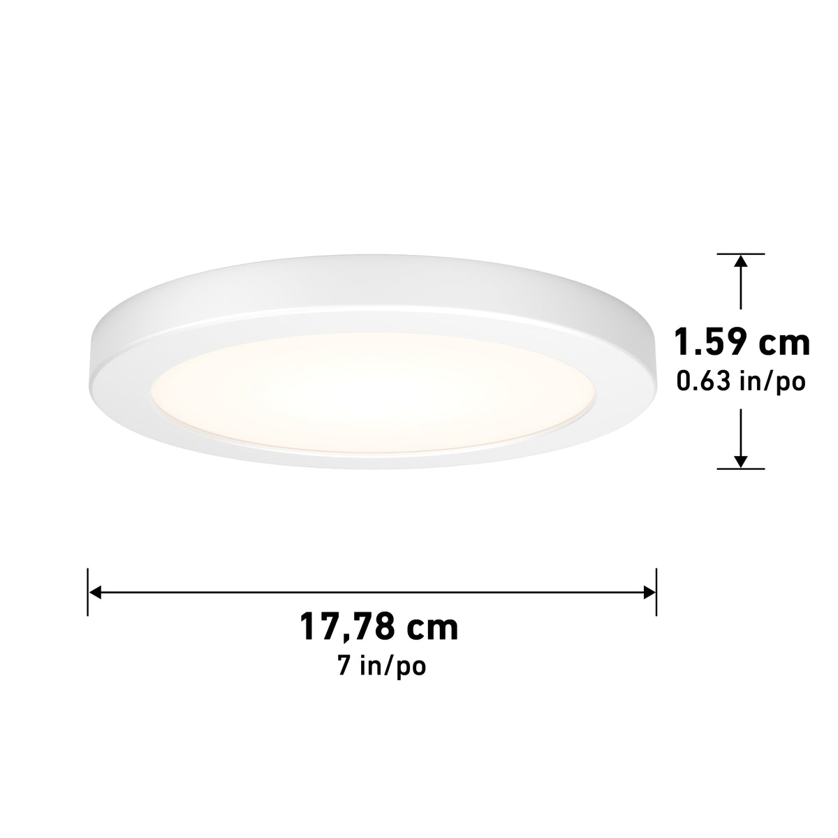 A round, white ceiling light is shown with dimensions: 1.59 cm (0.63 in) in height and 17.78 cm (7 in) in diameter, illustrated with arrows and text.