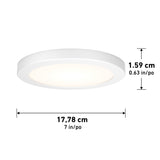 A round, white ceiling light is shown with dimensions: 1.59 cm (0.63 in) in height and 17.78 cm (7 in) in diameter, illustrated with arrows and text.