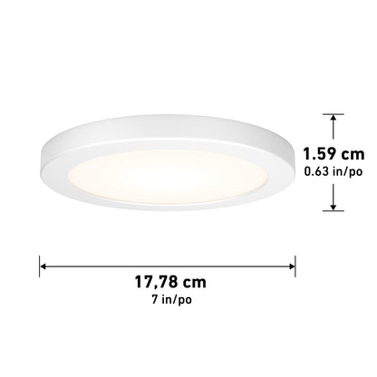 The Artika Europa Disk 7 in. LED modern flush mount light features adjustable white technology, a round white design, and measures just 1.59 cm thick by 17.78 cm in diameter—arrows highlight its dimensions on the illuminated fixture.