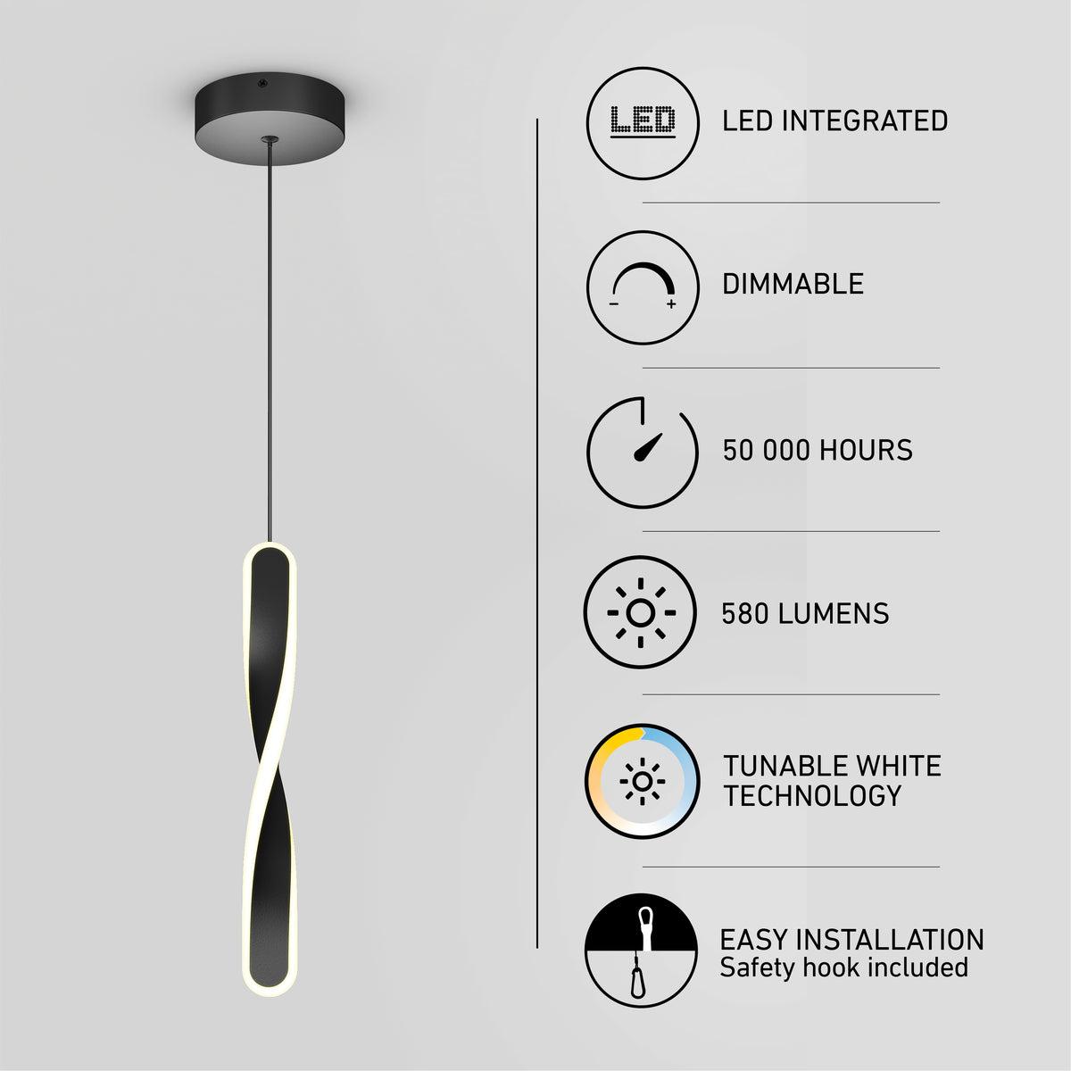 A modern pendant light with a twisted design hangs from the ceiling. Text beside it lists features: LED integrated, dimmable, 50,000 hours, 580 lumens, tunable white technology, and easy installation with safety hook.
