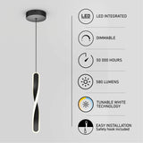 A modern pendant light with a twisted design hangs from the ceiling. Text beside it lists features: LED integrated, dimmable, 50,000 hours, 580 lumens, tunable white technology, and easy installation with safety hook.