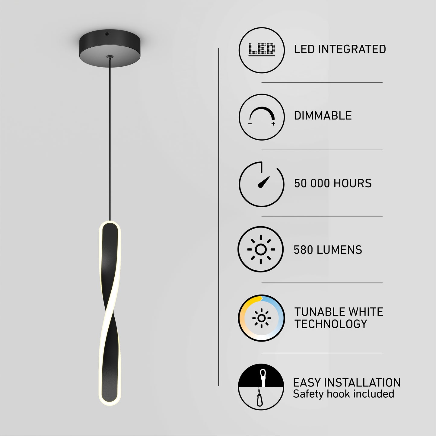 The Artika Finley modern LED pendant light 5 CCT features a twisted design, integrated dimmable LEDs, tunable white technology, 50,000-hour lifespan, 580 lumens output, and easy installation.