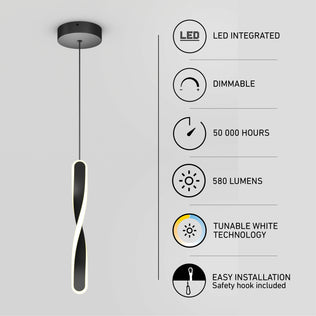 The Artika Finley modern LED pendant light 5 CCT features a minimalist twisted design, integrated dimmable LEDs, 50,000-hour lifespan, 580 lumens output, tunable white technology, and easy installation.