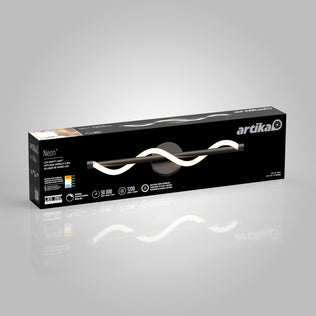 A black box displays the Artika Neon modern LED bathroom vanity light 5 CCT with a wavy design on a reflective grey surface.