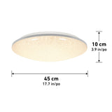 A round ceiling light, 45 cm (17.7 in) wide and 10 cm (3.9 in) tall, is shown illuminated with dimensions labeled.