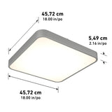 Square LED ceiling light with rounded corners, measuring 45.72 cm (18.00 in) on each side and 5.49 cm (2.16 in) in height. Black lines and arrow labels indicate the dimensions.