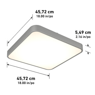 The Artika Europa 18 in. LED flush mount light with remote is a square ceiling fixture with rounded edges, measuring 45.72 cm (18 in) wide and long, and 5.49 cm (2.16 in) high.