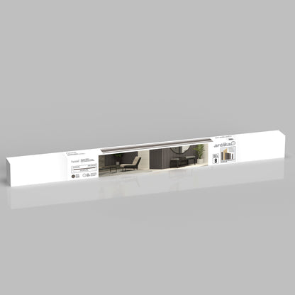 A long rectangular white box with a label showing the Panolok 30.67 ft wall panel kit (pack of 8), barcode, and product details. The Artika brand name is visible on the right side of the packaging.