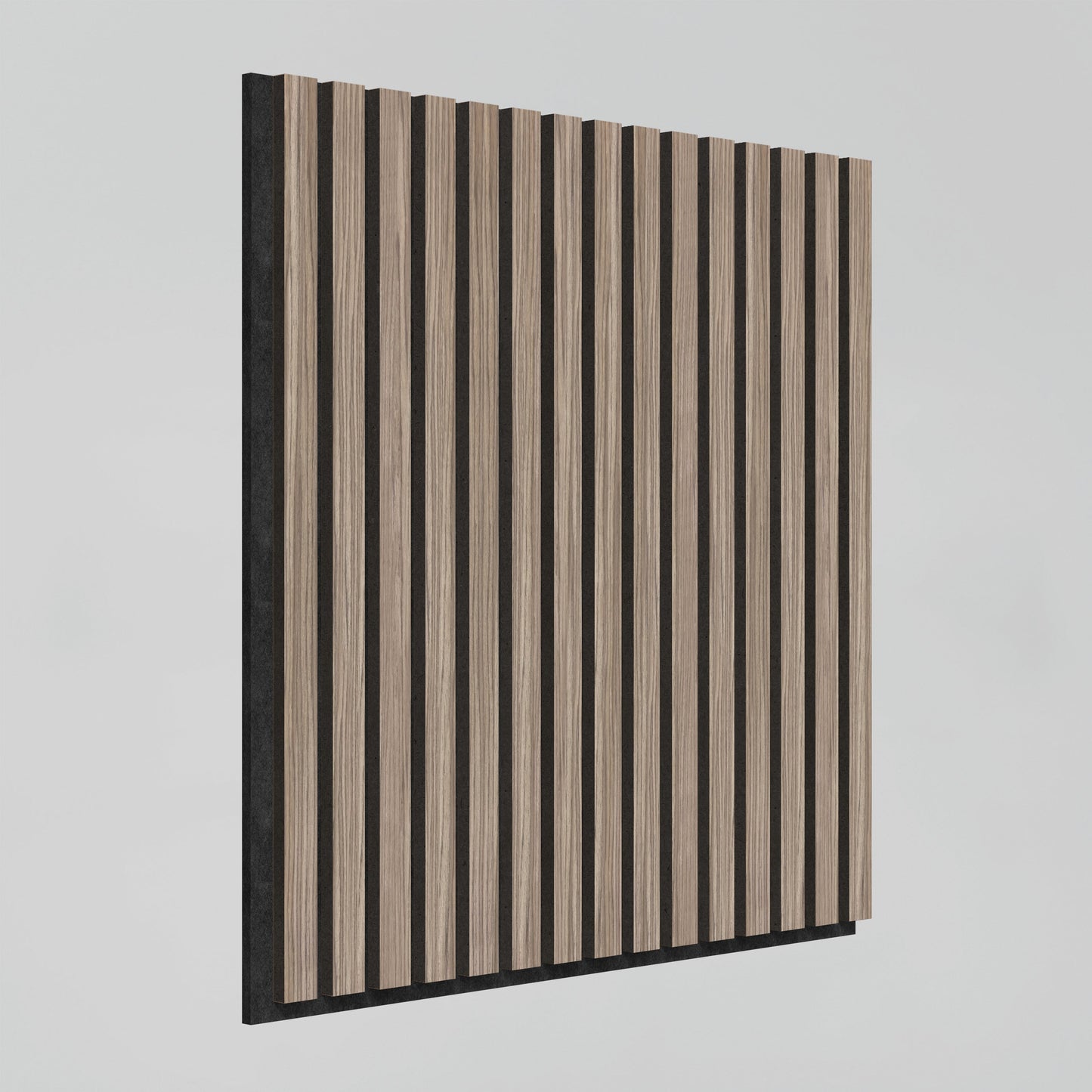 The Sonolok 15.5 ft sound-absorbing wall panel kit by Artika-CAN-dev is a rectangular panel with alternating vertical black and light wood-colored slats, shown angled against a plain white background.