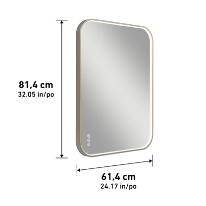 The Artika Royce Dimmable LED Mirror, 3 CCT, is displayed at an angle. It measures 81.4 cm x 61.4 cm and features three touch controls on the lower left corner. Can be mounted horizontally or vertically.