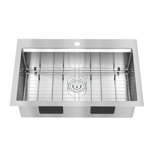 The Artika Newport 33 in. single bowl stainless steel workstation sink features a central drain, a grid at the bottom, and a single faucet hole at the back. Top view highlights its clean, modern design.