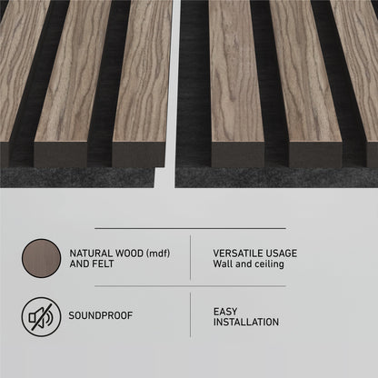 Close-up of Artika-CAN-devs Sonolok 15.5 ft sound-absorbing wall panel kit: natural MDF wood slats on dark felt. Icons show soundproofing, versatile for walls/ceilings, and easy installation.