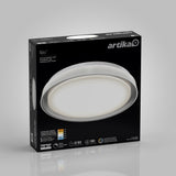 A black and gray box containing an Artika Niko LED flush mount light, featuring a large image of the round light fixture on the front along with product details and specifications.