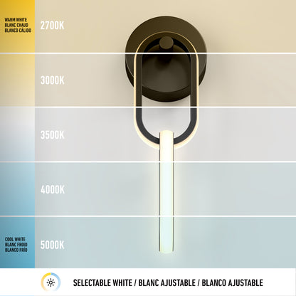 The Artika Catena modern LED wall sconce 5 CCT displays selectable five white color temperatures (2700K–5000K) with labeled white icons beneath; text is provided in English, French, and Spanish.