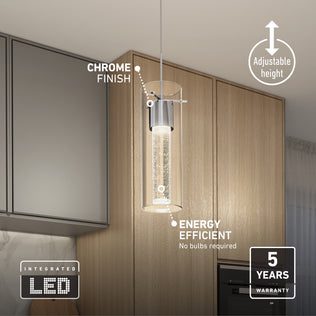 Artika Essence LED pendant light features chrome finish, integrated LEDs, and a warranty—perfect for kitchens.