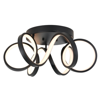 The Artika Swirl Ribbon flush mount light is a modern black fixture with three intertwined circular LED loops on a round base, offering a sculptural, contemporary design.