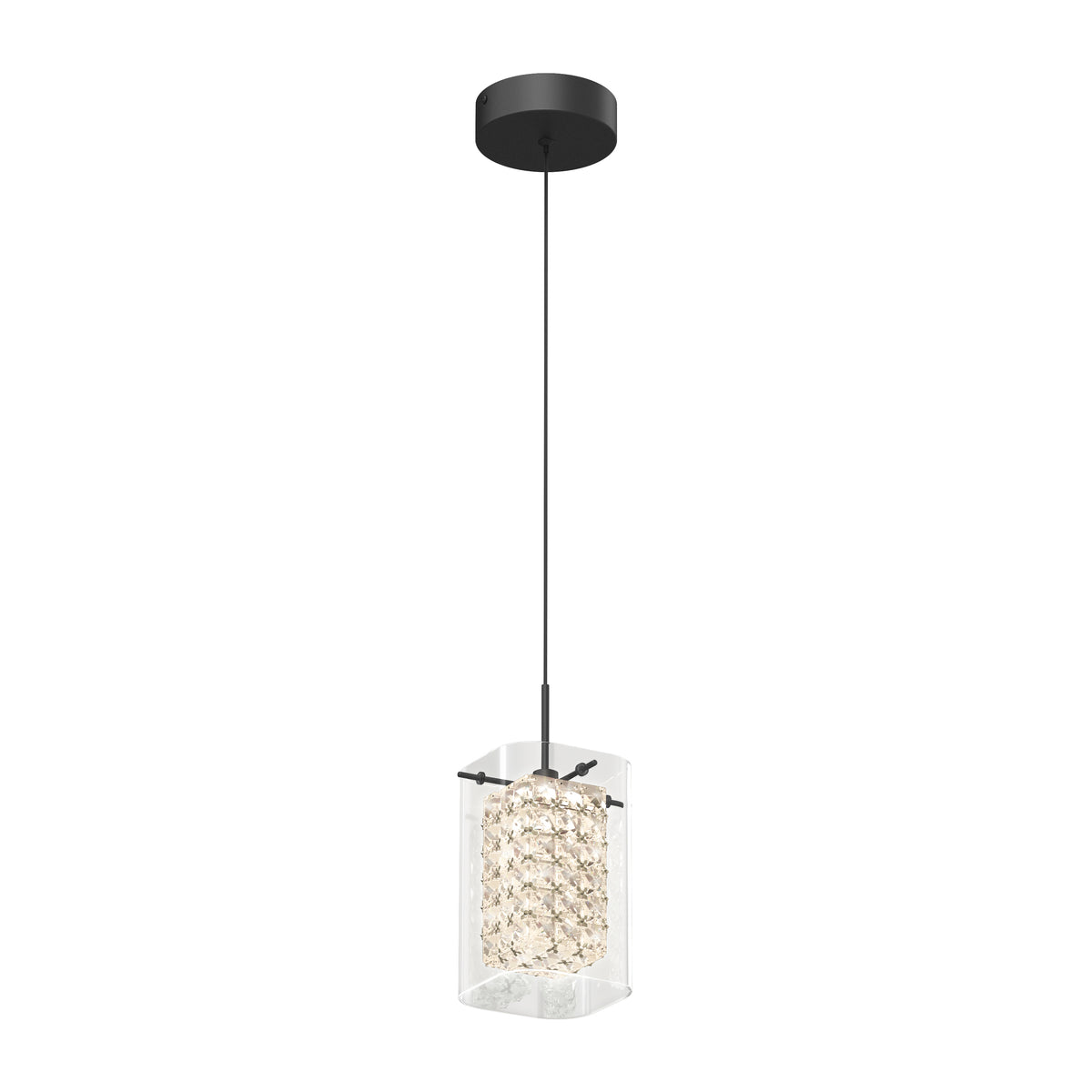 The Artika Crystal Cube 1-light LED pendant features a black ceiling mount, a slim black cord, and a cylindrical shade with clear crystal-like elements inside a transparent casing for a modern look.