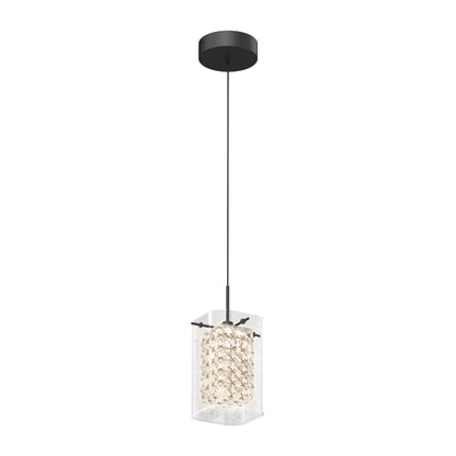 The Artika Crystal Cube 1-light LED pendant features a black ceiling mount, a slim black cord, and a cylindrical shade with clear crystal-like elements inside a transparent casing for a modern look.