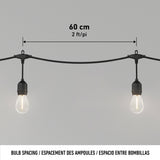 Two hanging light bulbs on a black string light set, spaced 60 cm (2 ft) apart, displayed against a plain background with measurement labels above the bulbs.