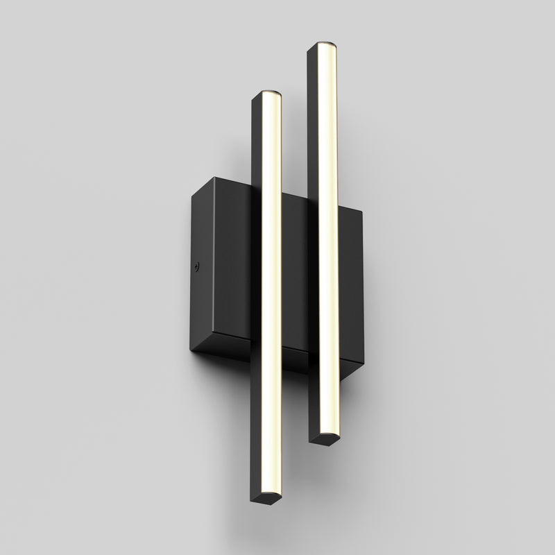 The Artika Grid indoor-outdoor LED wall light features two vertical, parallel black and white light bars on a rectangular black base, shown against a plain light gray background.