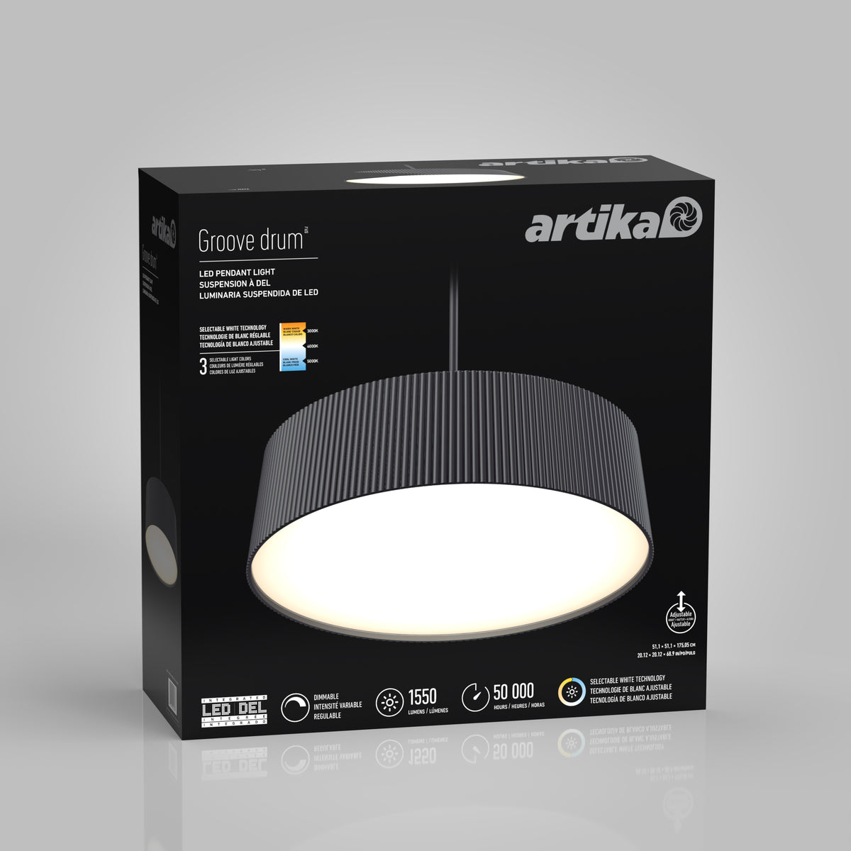 A black box displaying the Artika Groove drum LED pendant light, with an image of the modern, round, black hanging lamp on the front and product features highlighted on the packaging.