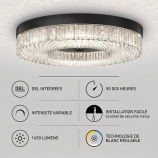 Artika FM Lysara 15 in. LED Fashion Flush Mount Ceiling Light 5 CCT, round with faceted crystal accents, dimmable 1450 lumens, 50,000-hour lifespan.