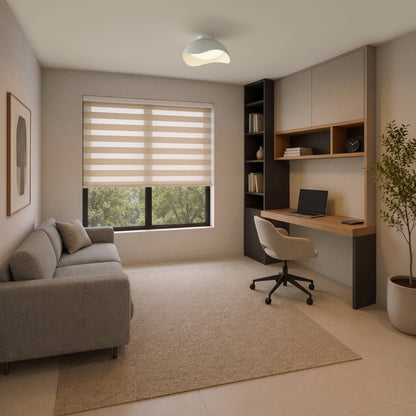 Artika Adara 15 in. (38 cm) Modern LED Flush Mount Ceiling Light 5 CCT in a home office with a sofa and desk.