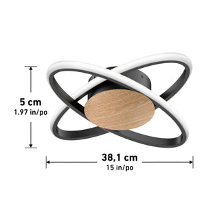 Artika Atomic 15 in. LED flush mount light features 5 CCT, dual rings, wood accent center; size: 5 cm H x 38.1 cm W.
