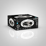 A black box displays the Artika Edwin LED ceiling fan with remote control. The box shows images of the circular fan with integrated light and features product details in white text.