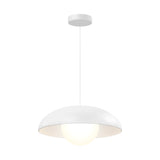 A modern white pendant light with a dome-shaped shade and a glowing round bulb hanging from a thin cord attached to a ceiling mount.