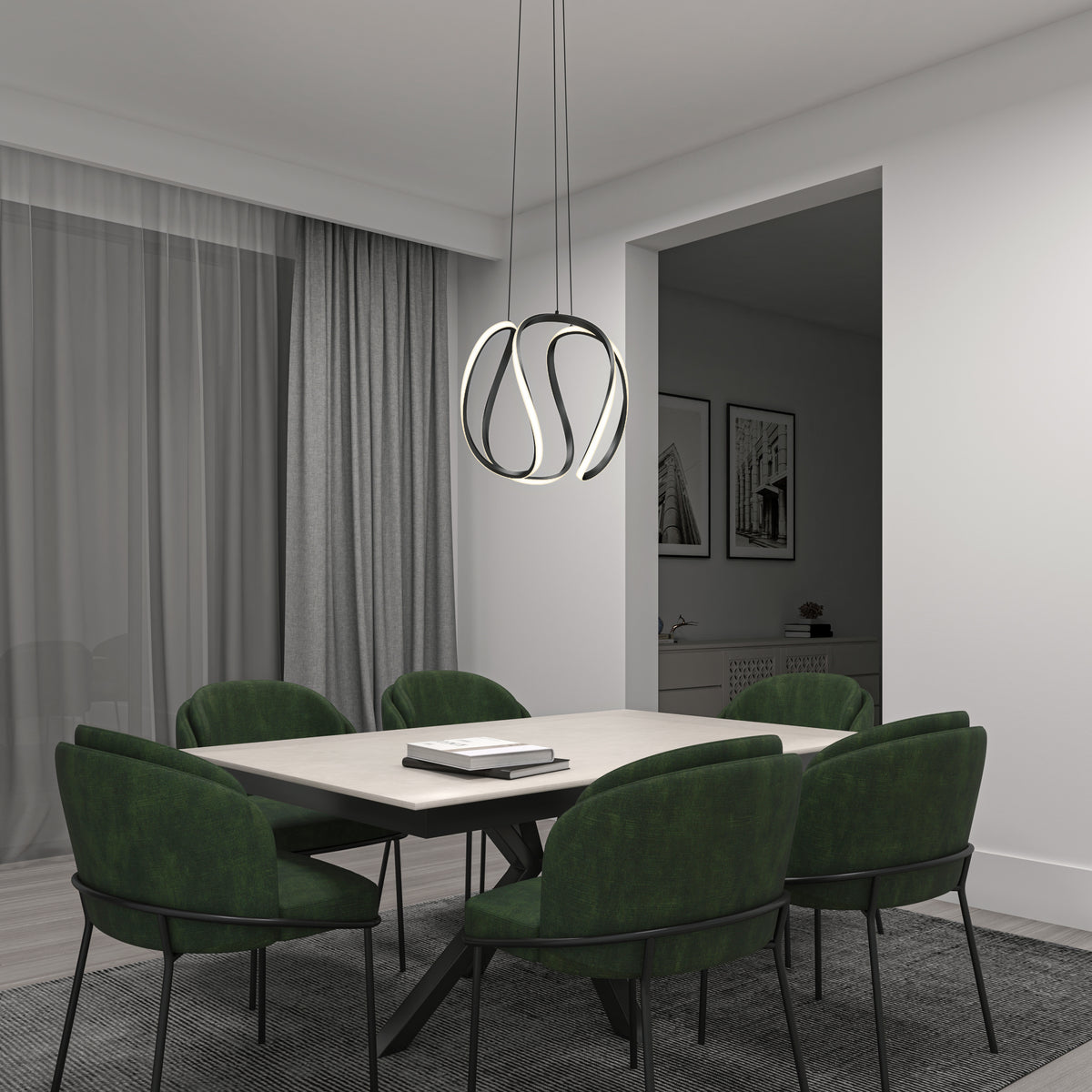 A modern dining room with a rectangular table, six green upholstered chairs, a sleek pendant light, and gray curtains. Monochrome wall art is visible in the adjacent room, creating a minimalist atmosphere.