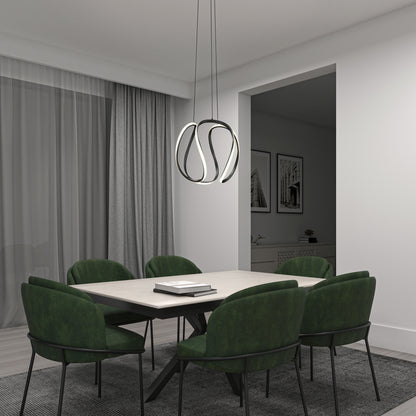 A minimalist dining room features a rectangular table, six green upholstered chairs, gray curtains, monochrome wall art, and the Artika Vivaldi Big LED pendant light for a modern touch.