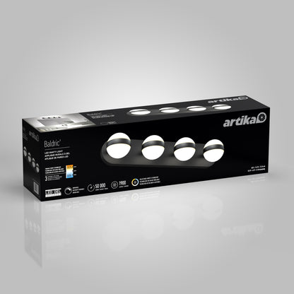 Black rectangular box of the Artika Baldric LED modern bathroom vanity light 3 CCT, featuring four round LED lights. The packaging displays product details, icons, and Artika branding on a light gray background.