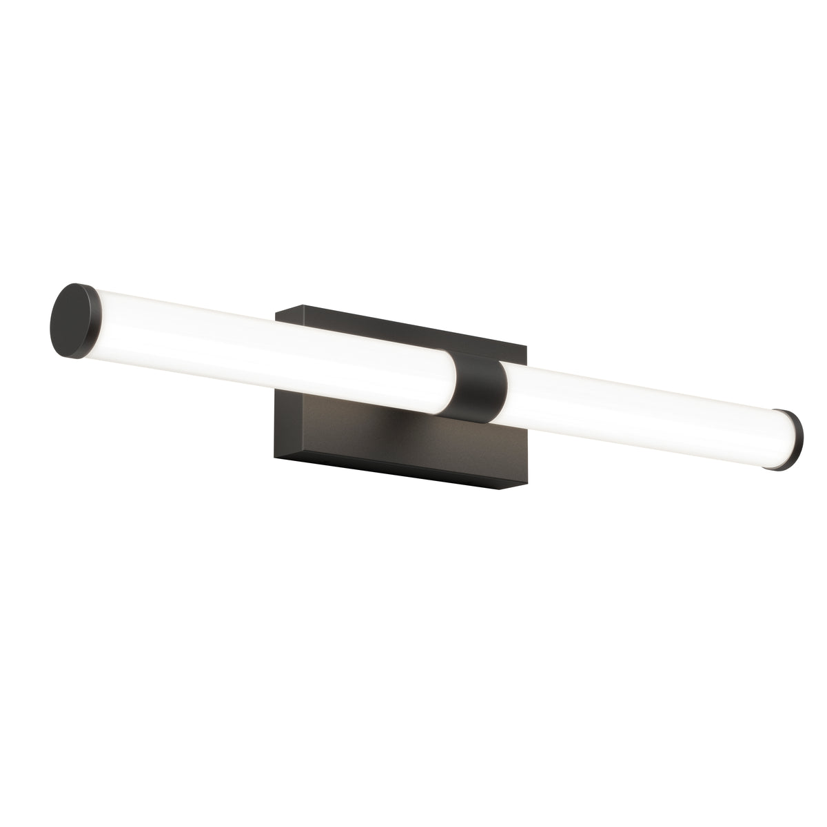 A modern wall-mounted light fixture with a rectangular black base and a horizontal cylindrical white light tube extending outward, capped at both ends with black finishes.