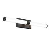 A modern wall-mounted light fixture with a rectangular black base and a horizontal cylindrical white light tube extending outward, capped at both ends with black finishes.