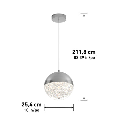 The Artika Carat LED pendant light 3 CCT features a modern spherical shade with half chrome, half textured glass, hanging from a ceiling mount at 211.8 cm high and 25.4 cm in diameter.