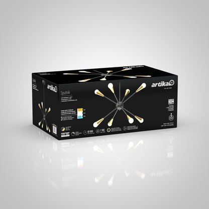 A black Artika box for the Wayden modern LED pendant light 3 CCT is shown, displaying images of the stylish fixture, product details, and branding on a reflective surface.