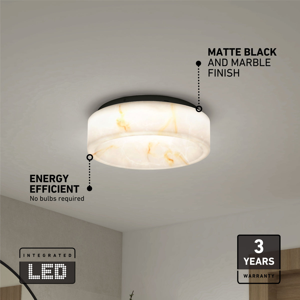 The Artika Clifford 15 in. flush mount light features a matte black and marble finish, mounts flush to the ceiling, offers energy-efficient integrated LED with 5 CCT options, no bulbs needed, and comes with a 3-year warranty.