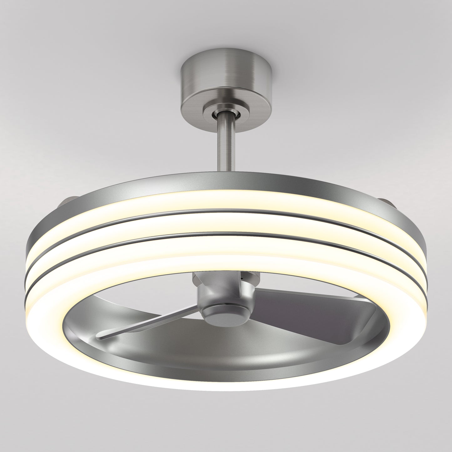 The Artika Horizon 23 in. LED modern ceiling fan features three silver blades, a sleek metallic finish, an integrated circular LED light, and comes with 3 speeds and a remote control.
