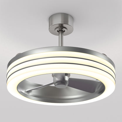 The Artika Horizon 23 in. LED modern ceiling fan features three silver blades, a sleek metallic finish, an integrated circular LED light, and comes with 3 speeds and a remote control.
