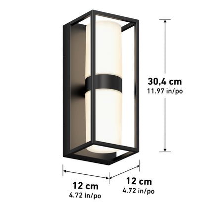 Artika Sherman modern LED indoor-outdoor wall light 5 CCT: a rectangular black wall sconce with a frosted tubular light, measuring 30.4 cm (11.97 in) tall by 12 cm (4.72 in) wide and deep.