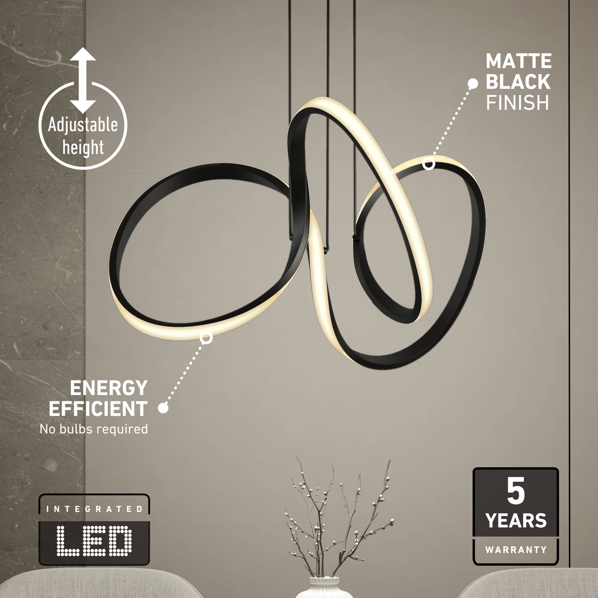 The Artika Swirl LED pendant light features a matte black finish, curved LED design, and adjustable height. It hangs above a table with a vase of twigs, highlighting energy efficiency, 5-year warranty, and no bulbs required.