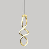 A modern pendant light with a twisted, ribbon-like gold frame and integrated LED illumination, hanging from a thin cord against a plain grey background.