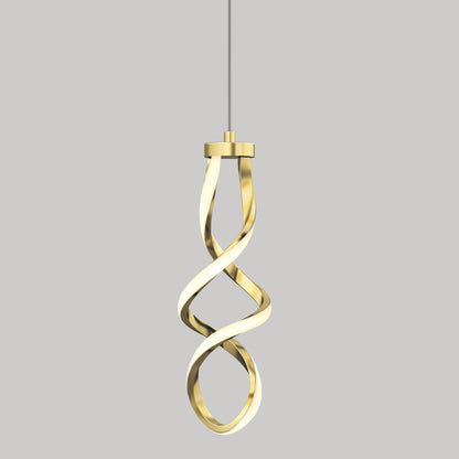 A modern pendant light with a twisted, ribbon-like gold frame and integrated LED illumination, hanging from a thin cord against a plain grey background.