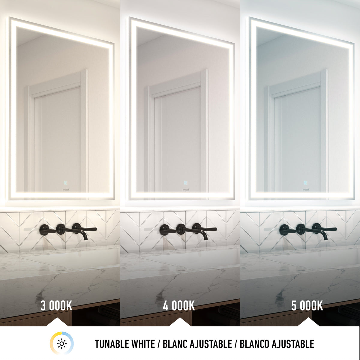 A bathroom vanity mirror displays three lighting modes: warm light at 3000K, neutral light at 4000K, and cool white light at 5000K, highlighting how different color temperatures affect the space.